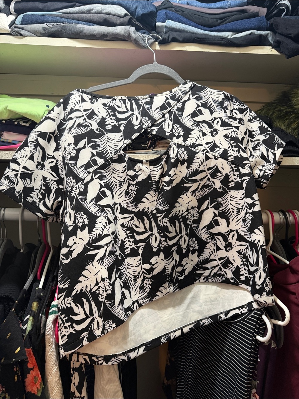 Soffe Black & White Floral Cutout Crop Top